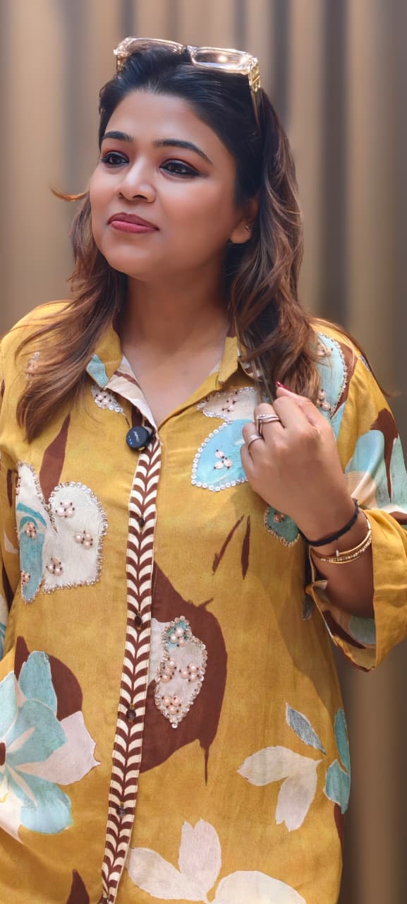 Stylish Indo-Western Kurta Pant Set for Women Mustard Floral Printed Shirt-Style Kurta With Matching Printed Pants In Crepe Fabric- 13090