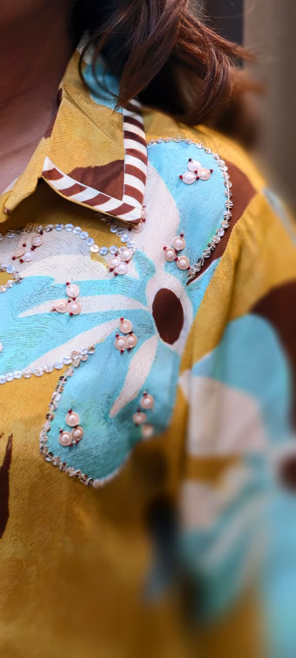 Stylish Indo-Western Kurta Pant Set for Women Mustard Floral Printed Shirt-Style Kurta With Matching Printed Pants In Crepe Fabric- 13090