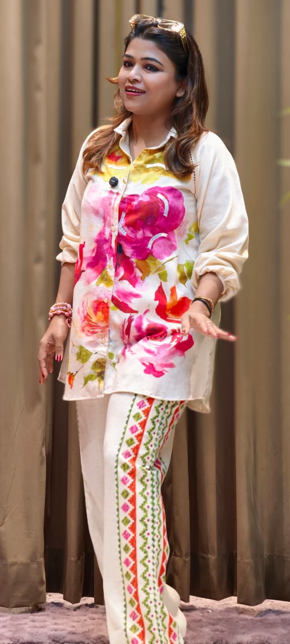 Off-White Floral Printed Shirt-Style Kurta with Embroidered Side-Panel Pants In Linen Fabric- 13089