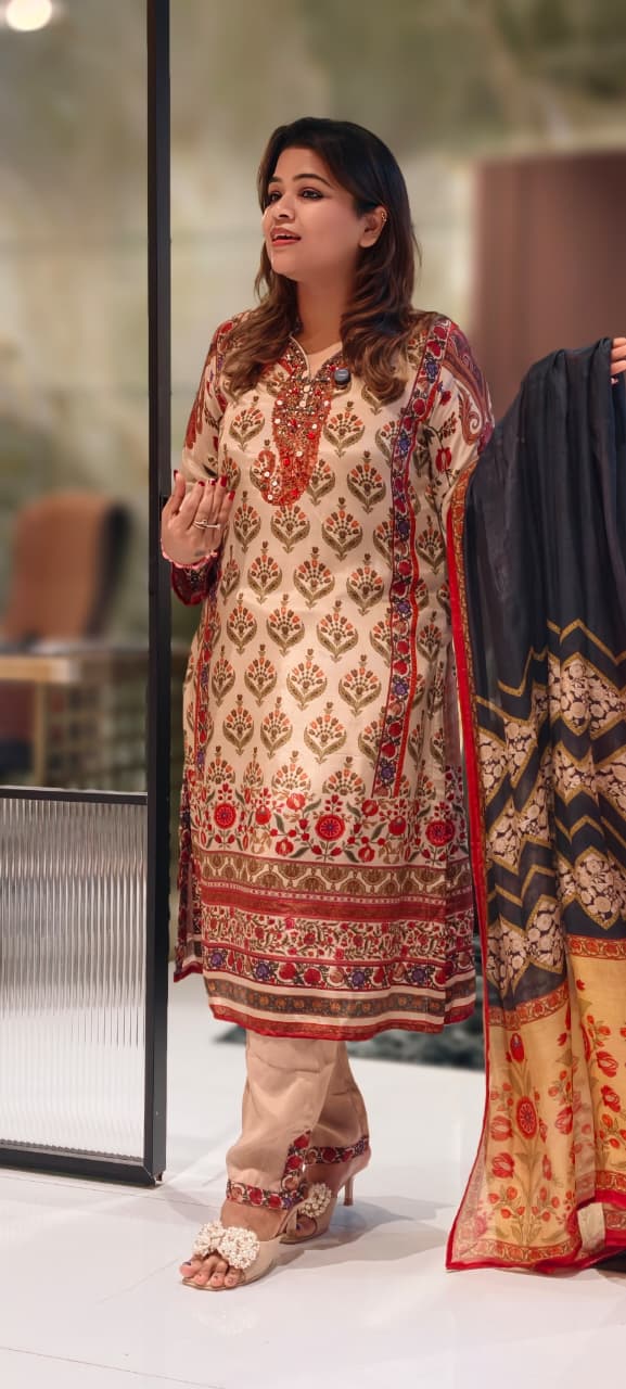 Pure Crepe Beige Floral Printed Straight Cut Kurti with Embroidered Neckline and Matching Bottom- 13087