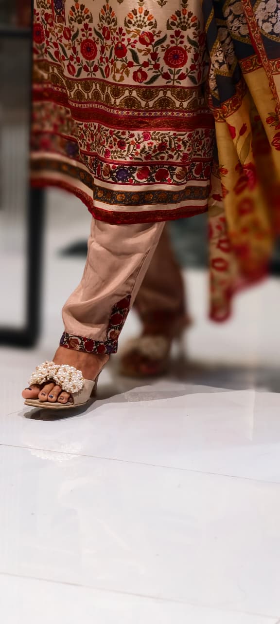 Pure Crepe Beige Floral Printed Straight Cut Kurti with Embroidered Neckline and Matching Bottom- 13087