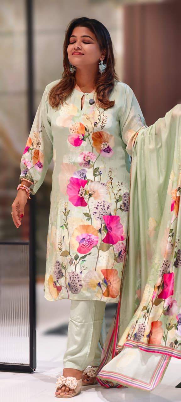 Elegant Mint Green Floral Printed Kurta With Matching Bottom & Dupatta In Crepe Fabric- 13093