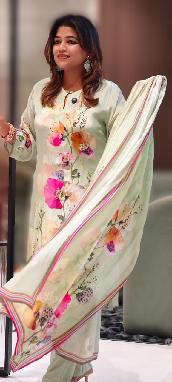 Elegant Mint Green Floral Printed Kurta With Matching Bottom & Dupatta In Crepe Fabric- 13093
