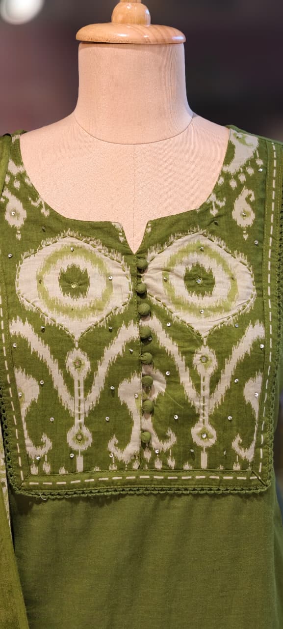 Ikkat Printed Yoke Solid A-Line Full Suit Set With Dupatta In Cotton Fabric- 13185