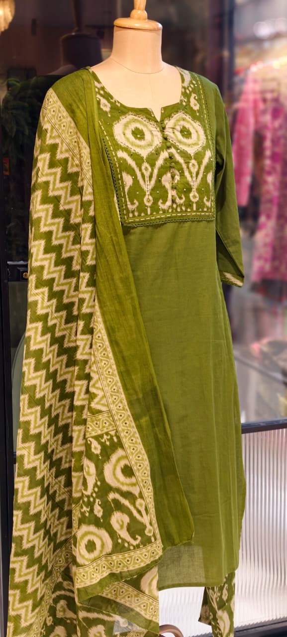 Ikkat Printed Yoke Solid A-Line Full Suit Set With Dupatta In Cotton Fabric- 13185