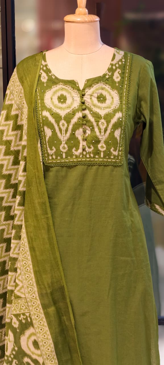 Ikkat Printed Yoke Solid A-Line Full Suit Set With Dupatta In Cotton Fabric- 13185