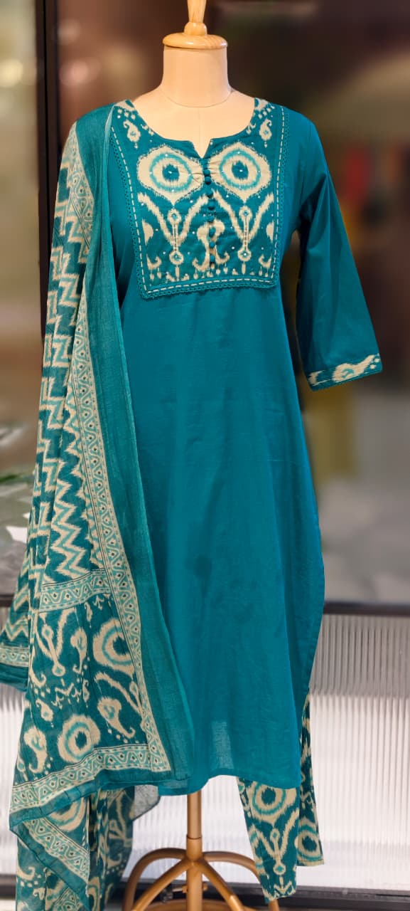 Ikkat Printed Yoke Solid A-Line Full Suit Set With Dupatta In Cotton Fabric- 13185