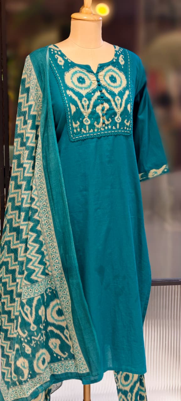 Ikkat Printed Yoke Solid A-Line Full Suit Set With Dupatta In Cotton Fabric- 13185