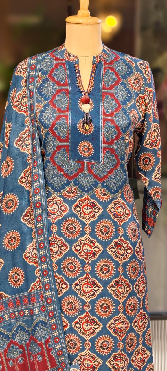 Indigo Charm Printed Neck Piece Look A-Line Full Suit Set With Dupatta In Muslin Fabric- 13136
