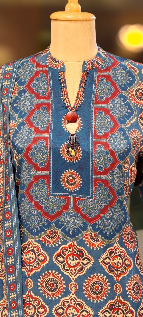 Indigo Charm Printed Neck Piece Look A-Line Full Suit Set With Dupatta In Muslin Fabric- 13136