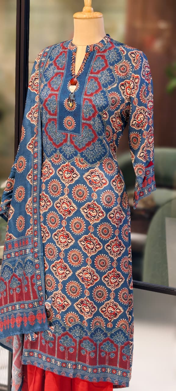 Indigo Charm Printed Neck Piece Look A-Line Full Suit Set With Dupatta In Muslin Fabric- 13136
