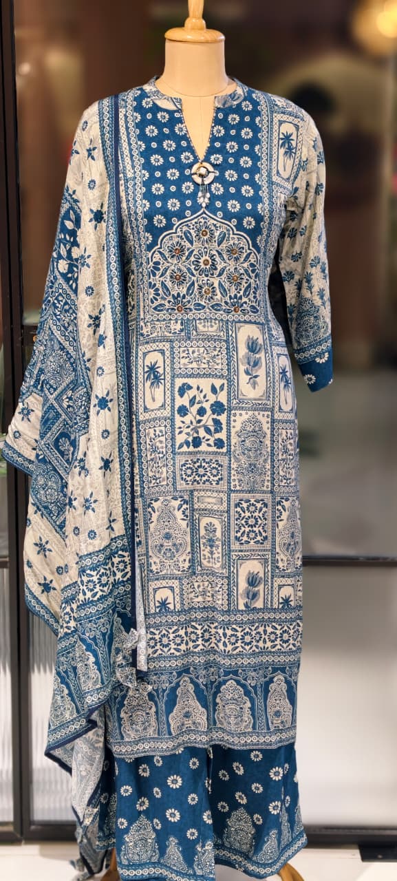Blue Aura Printed Neck Piece Look Full Suit Set With Dupatta In Muslin Fabric- 13138