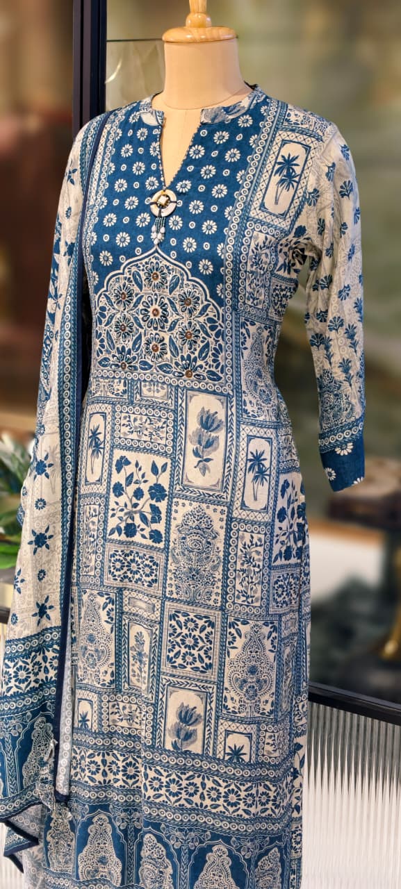 Blue Aura Printed Neck Piece Look Full Suit Set With Dupatta In Muslin Fabric- 13138