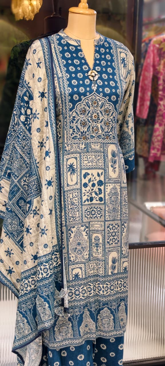 Blue Aura Printed Neck Piece Look Full Suit Set With Dupatta In Muslin Fabric- 13138