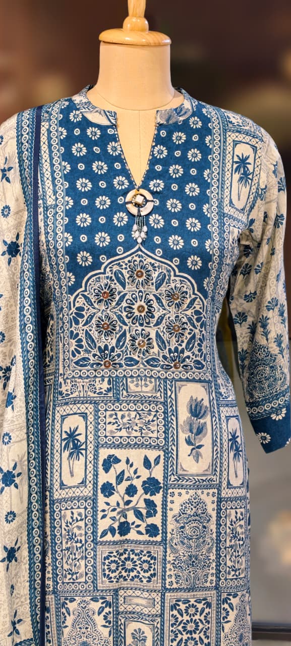 Blue Aura Printed Neck Piece Look Full Suit Set With Dupatta In Muslin Fabric- 13138