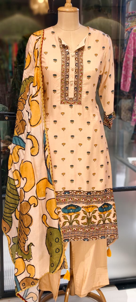 Ethnic A-Line Kurta Set With Foil Mirror Embroidery Detailing With Bottom In Russian Silk Fabric- 13141