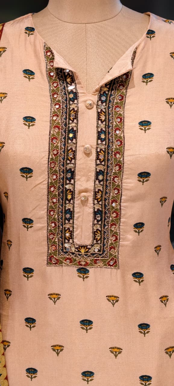 Ethnic A-Line Kurta Set With Foil Mirror Embroidery Detailing With Bottom In Russian Silk Fabric- 13141