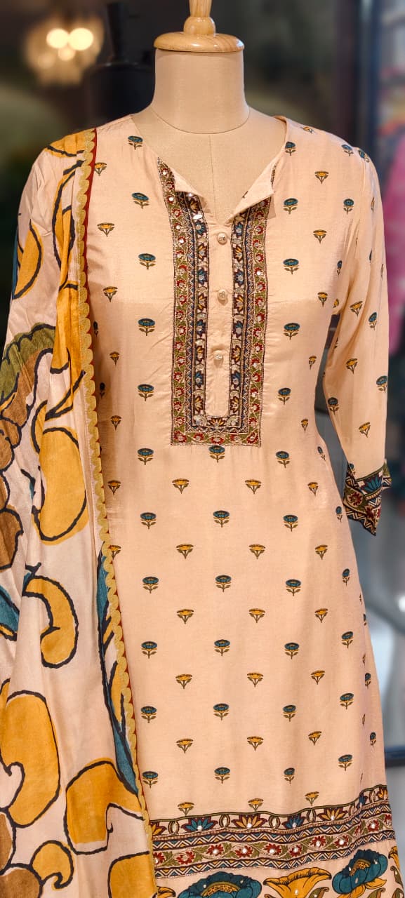Ethnic A-Line Kurta Set With Foil Mirror Embroidery Detailing With Bottom In Russian Silk Fabric- 13141