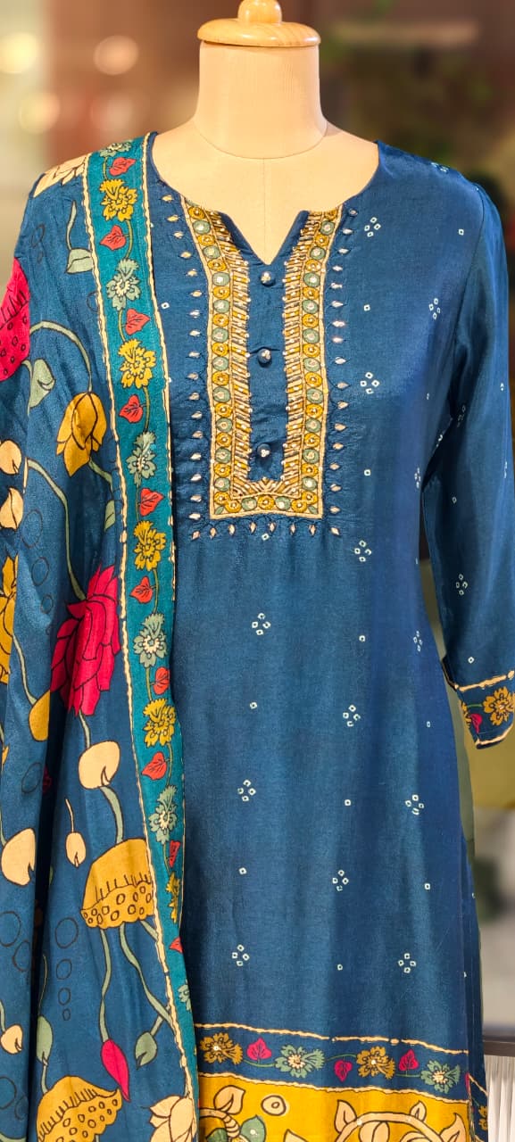 Midnight Bloom Ethnic Printed Full Suit Set With Dupatta In Russian Silk Fabric- 13163