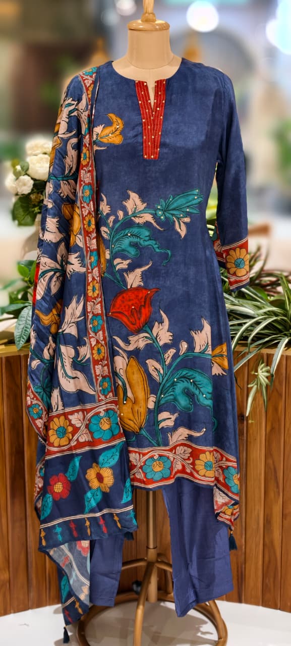 V-Neck Line With Foil Upwork Printed A-Line Full Suit Set With Dupatta In Muslin Fabric- 13116