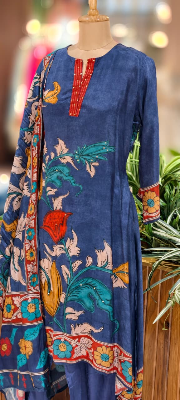 V-Neck Line With Foil Upwork Printed A-Line Full Suit Set With Dupatta In Muslin Fabric- 13116