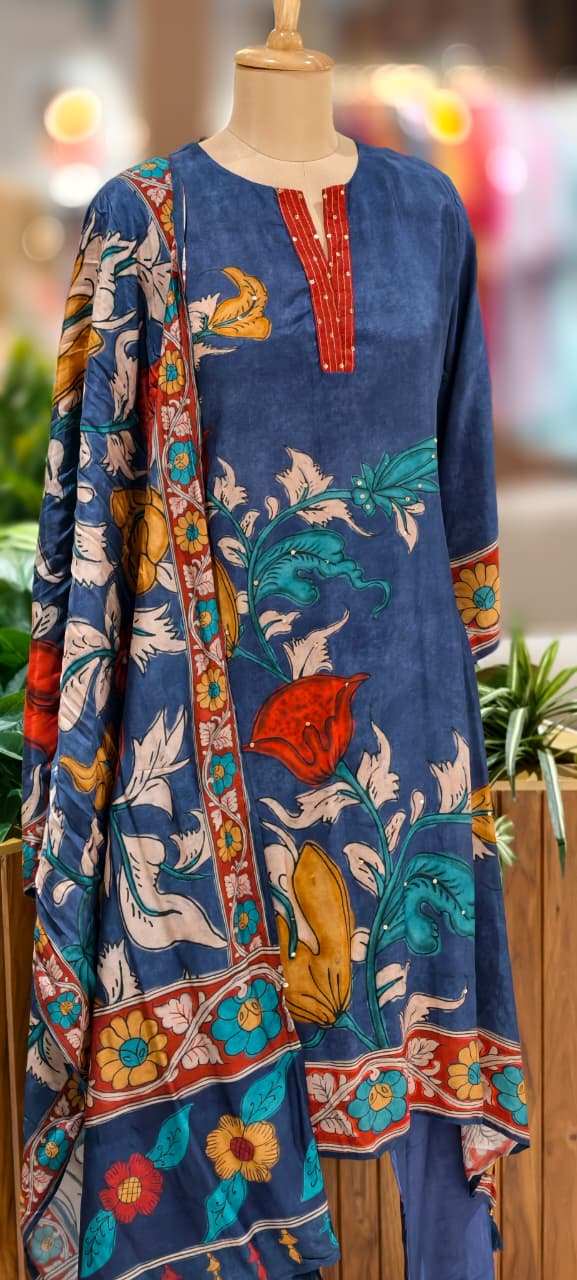 V-Neck Line With Foil Upwork Printed A-Line Full Suit Set With Dupatta In Muslin Fabric- 13116