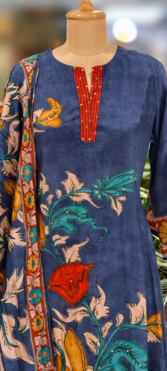 V-Neck Line With Foil Upwork Printed A-Line Full Suit Set With Dupatta In Muslin Fabric- 13116