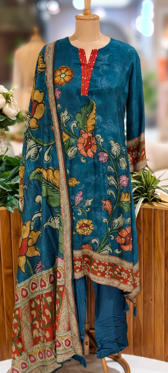 V-Neck Line With Foil Upwork Printed A-Line Full Suit Set With Dupatta In Muslin Fabric- 13116