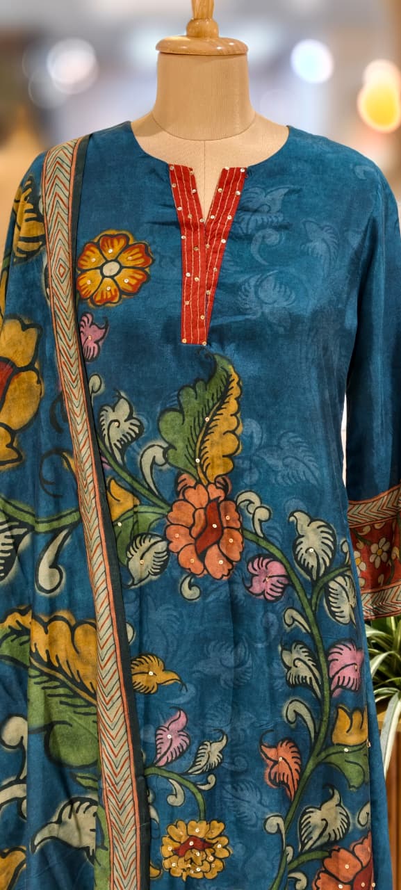 V-Neck Line With Foil Upwork Printed A-Line Full Suit Set With Dupatta In Muslin Fabric- 13116