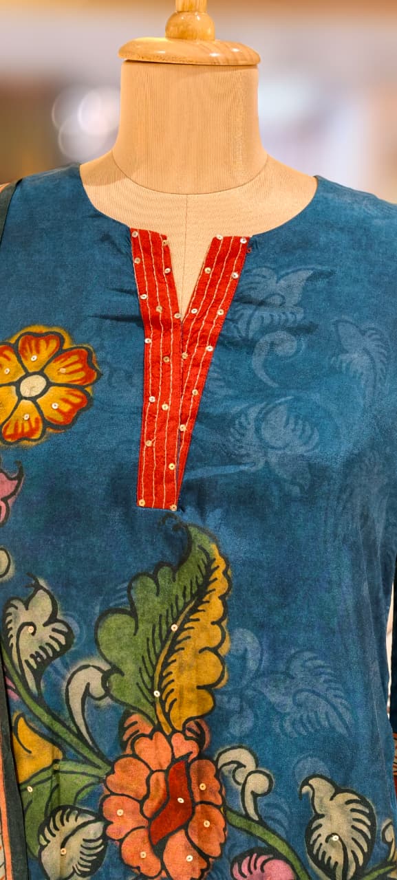 V-Neck Line With Foil Upwork Printed A-Line Full Suit Set With Dupatta In Muslin Fabric- 13116