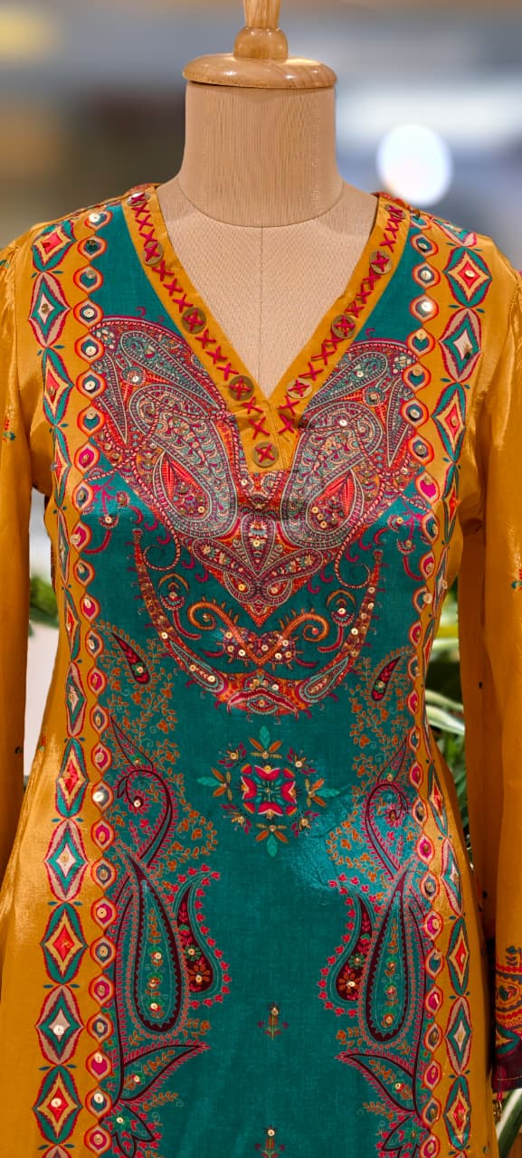 Mustard Elegance Complete Printed Kori Sleeve High & Low Kurta Pant Set In Crepe Fabric-13147
