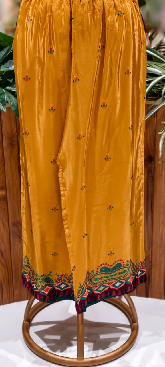 Mustard Elegance Complete Printed Kori Sleeve High & Low Kurta Pant Set In Crepe Fabric-13147