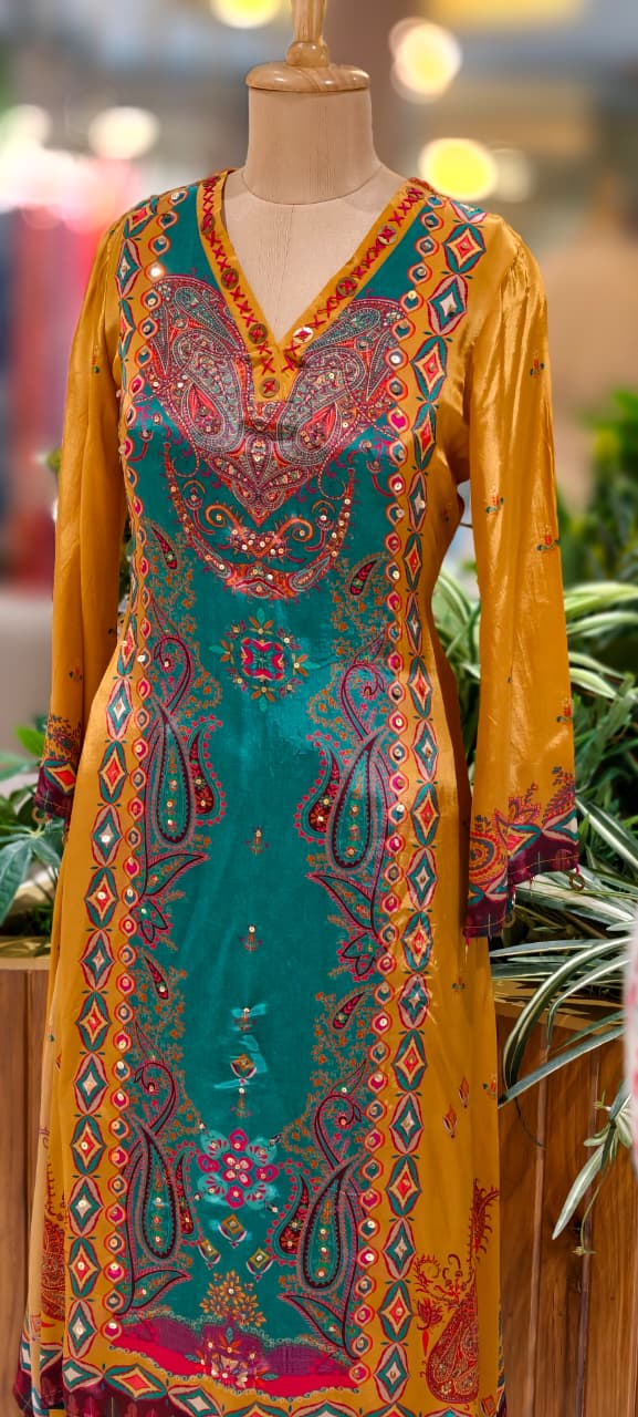 Mustard Elegance Complete Printed Kori Sleeve High & Low Kurta Pant Set In Crepe Fabric-13147