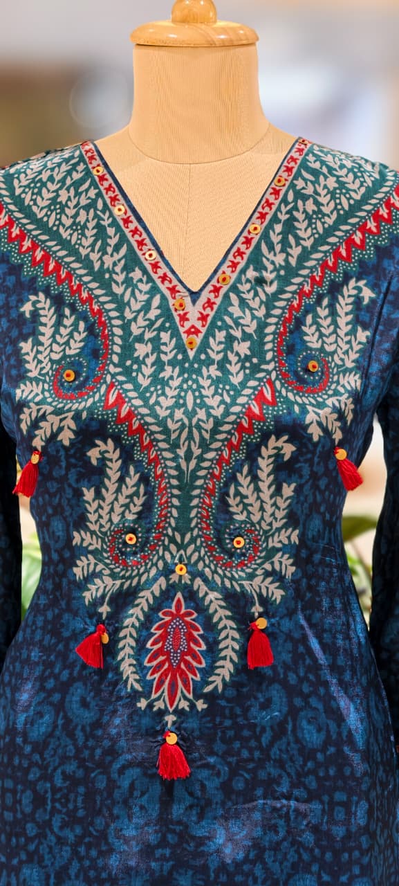 Beautiful Print Vibrant Kurta With Farsi Bottom Set In Crepe Fabric- 13107