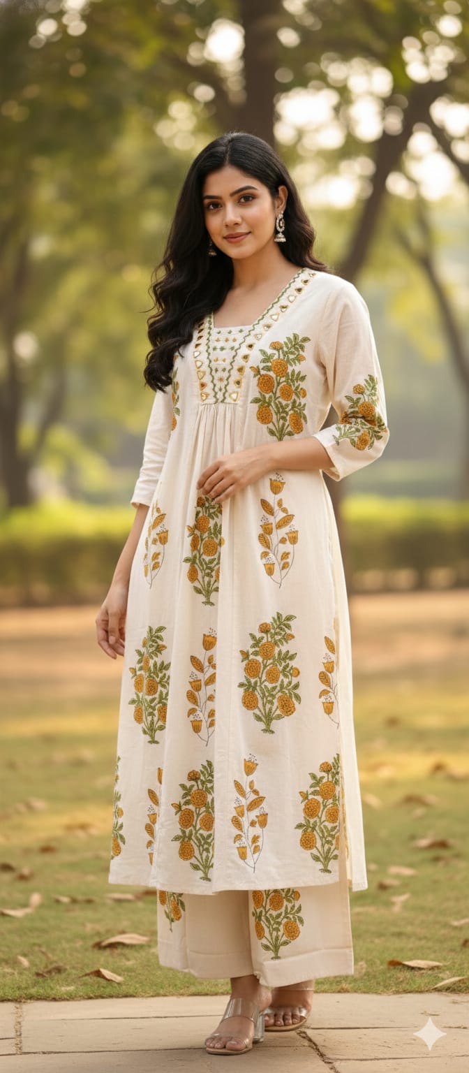 Real Mirror Beautiful Neck Line Floral Printed A-Line Kurta Pant Set In Cotton Fabric-13222