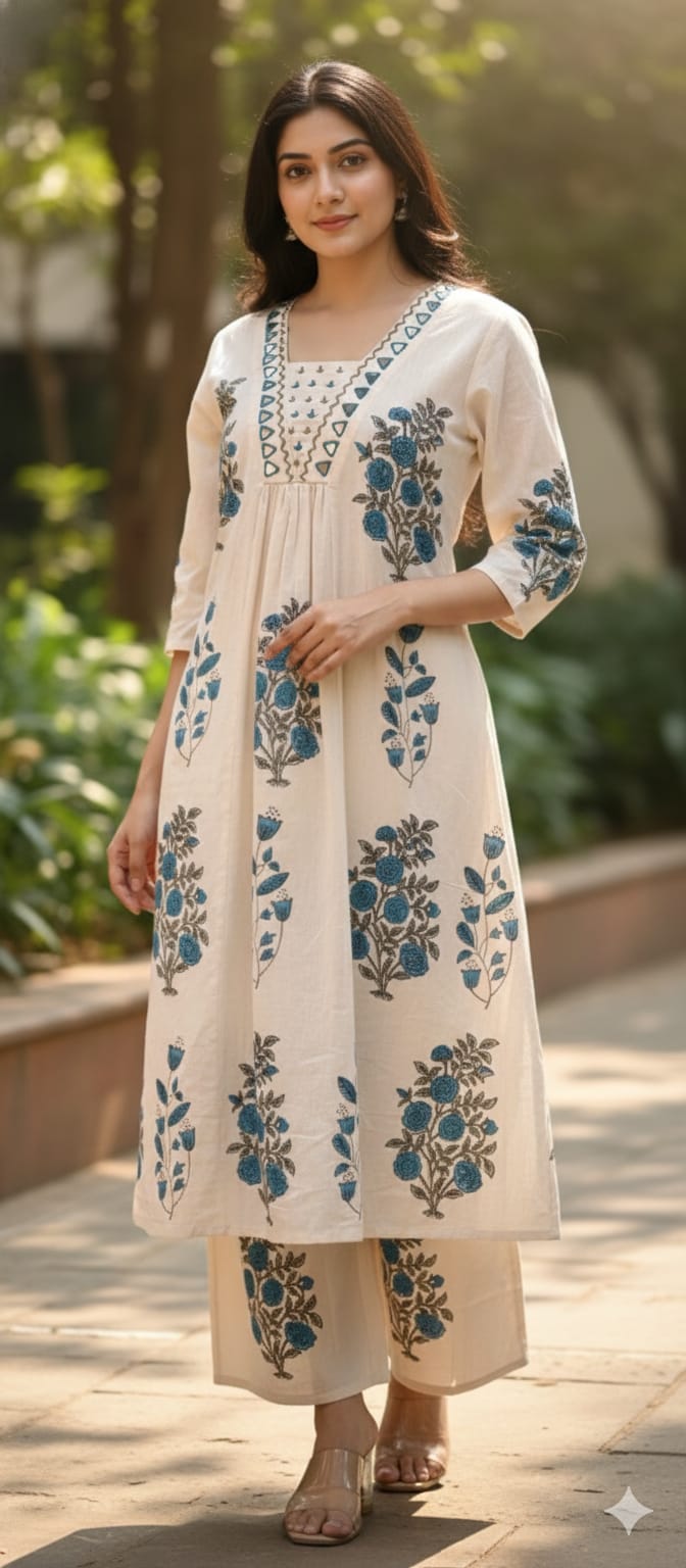 Real Mirror Beautiful Neck Line Floral Printed A-Line Kurta Pant Set In Cotton Fabric-13222