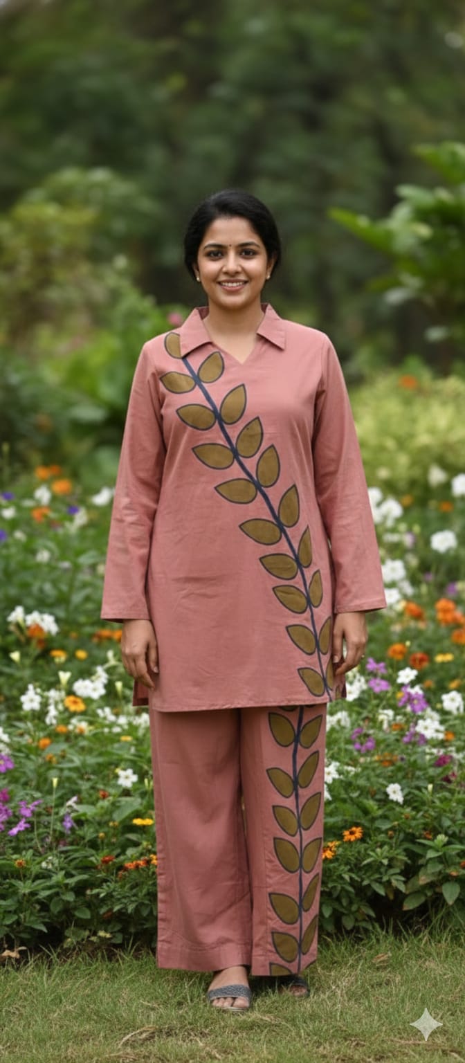 Placement Leafy Print Solid Color Matching Collared Co-Ord Set In Cotton Fabric-13219