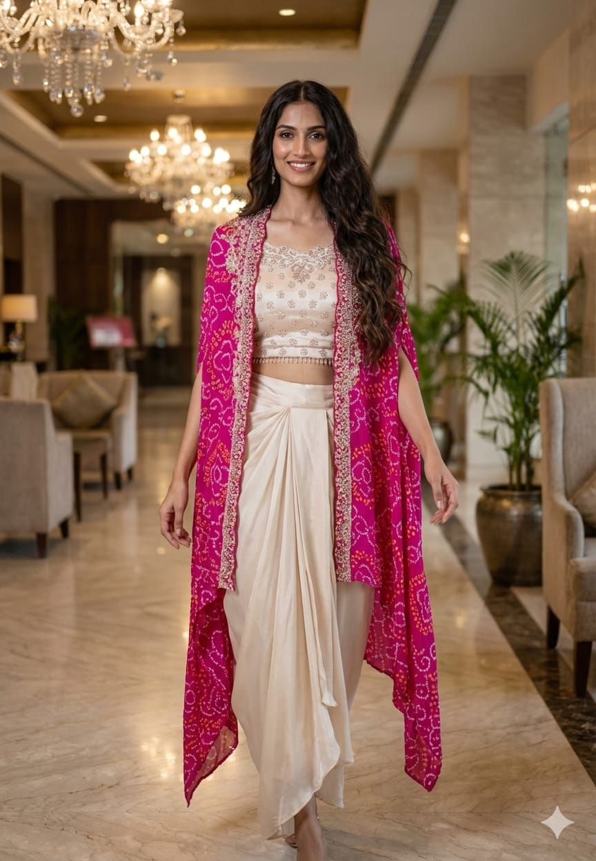 Rich Handwork Tasseled Crop-Top With Drape Skirt & Bandhani Print Vibrant Shrug- 12791