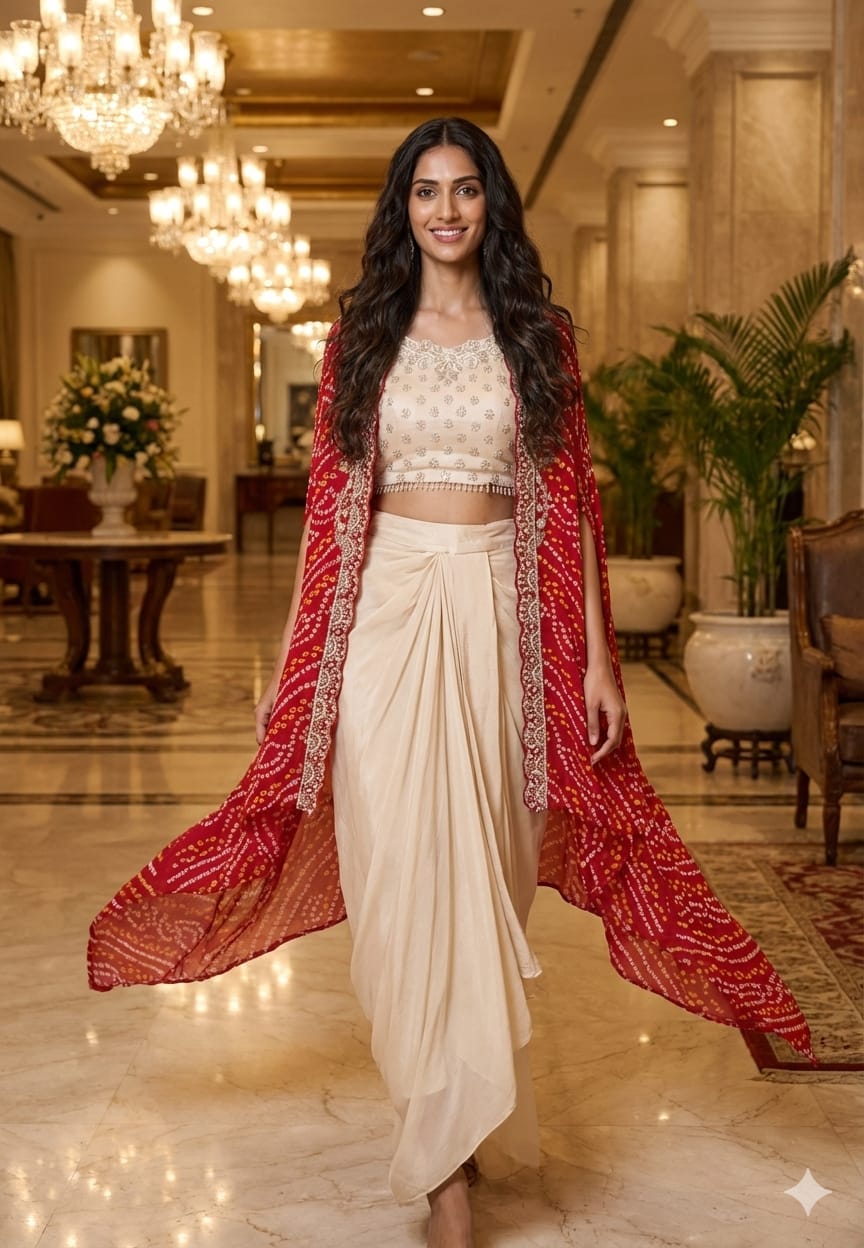 Rich Handwork Tasseled Crop-Top With Drape Skirt & Bandhani Print Vibrant Shrug- 12791