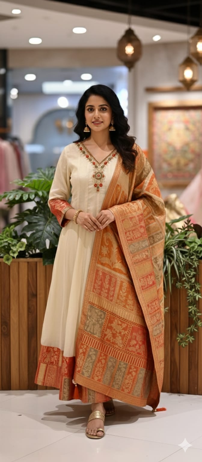 Banarasi Weavin Brocade Panel Anarkali Full Suit Set With Design Over Neck-13235