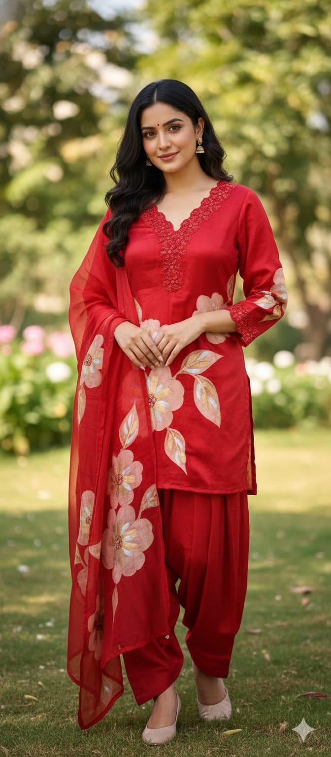 Floral Patch With Cut-Work Neck Line Full Suit Set With Dupatta & Farsi Shalwar-13231(Loose Fit)