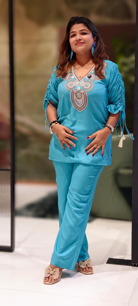 Multicolor Thread Embroidery Front Design Solid Co-Ord Set With Stylish Sleeve In Slub Cotton Fabric-13223