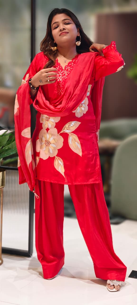 Floral Patch With Cut-Work Neck Line Full Suit Set With Dupatta & Farsi Shalwar-13231(Loose Fit)