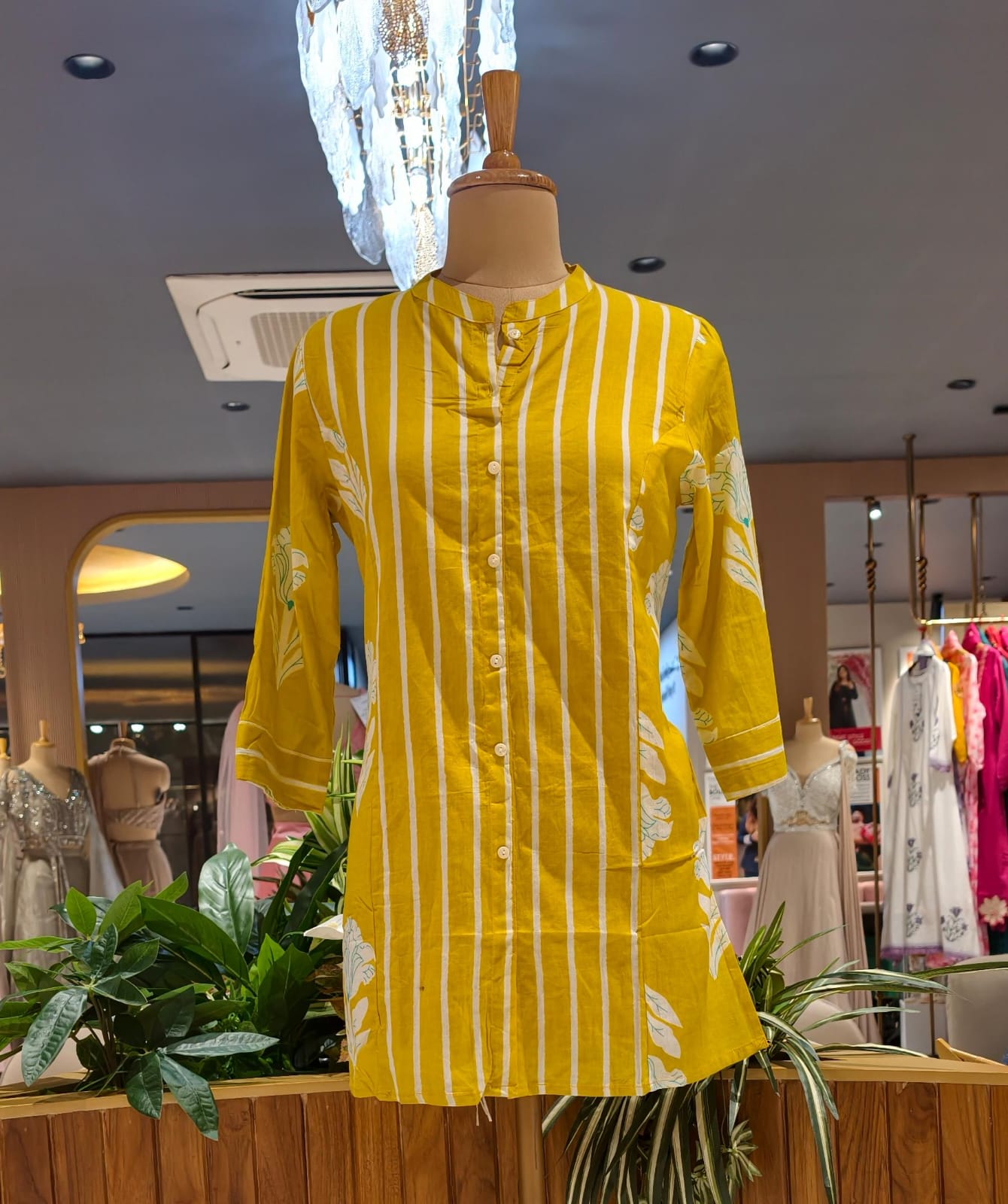 Pure Cotton Stripe with Floral Print Short Kurta-12323,