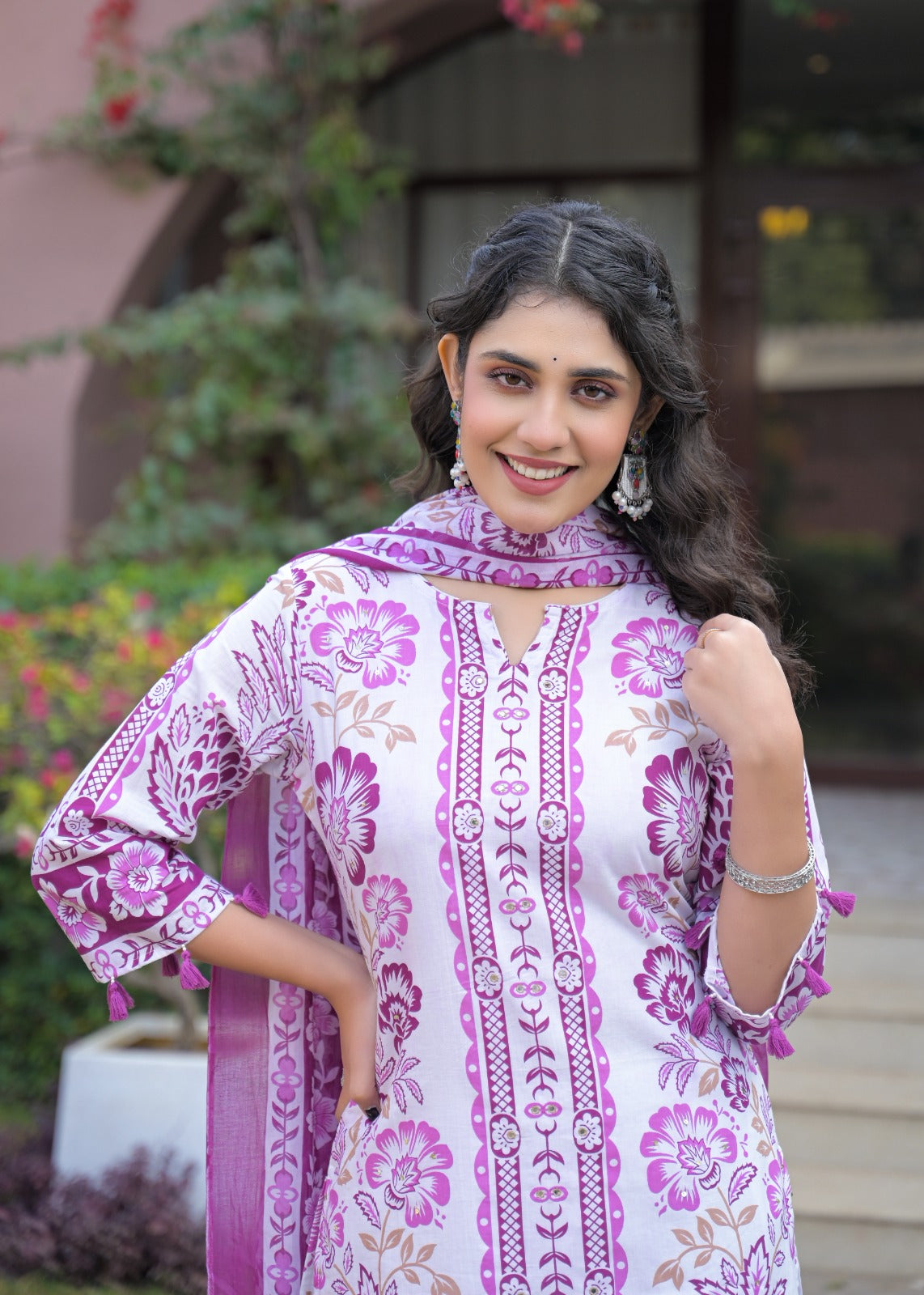 Cool Floral Printed Beautifully Tasseled Short Length Full Suit Set With Dupatta In Cotton Fabr-13240