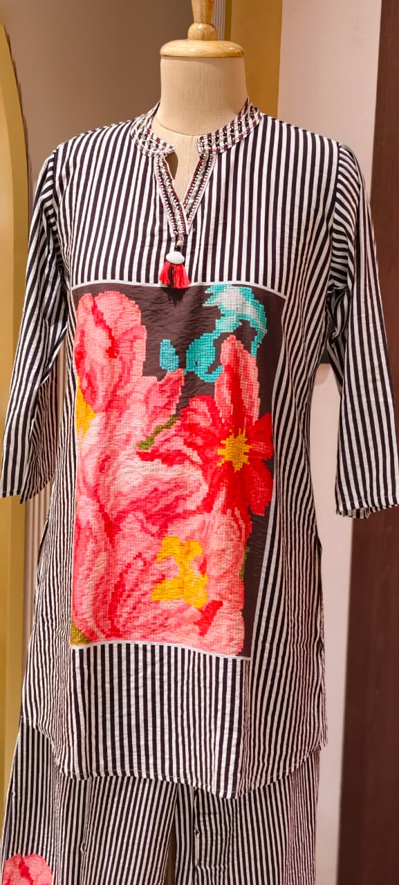 Floral Digital Print Striped Stylish Co-Ord Set (Slightly Lean Fit)-13275