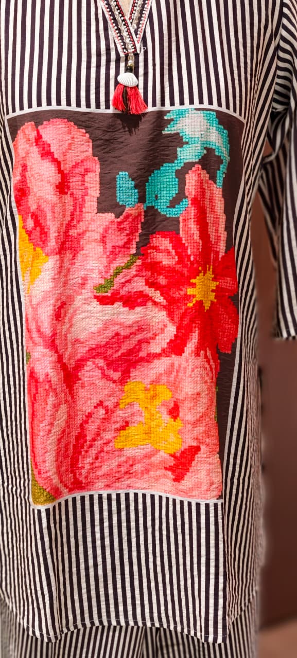 Floral Digital Print Striped Stylish Co-Ord Set (Slightly Lean Fit)-13275