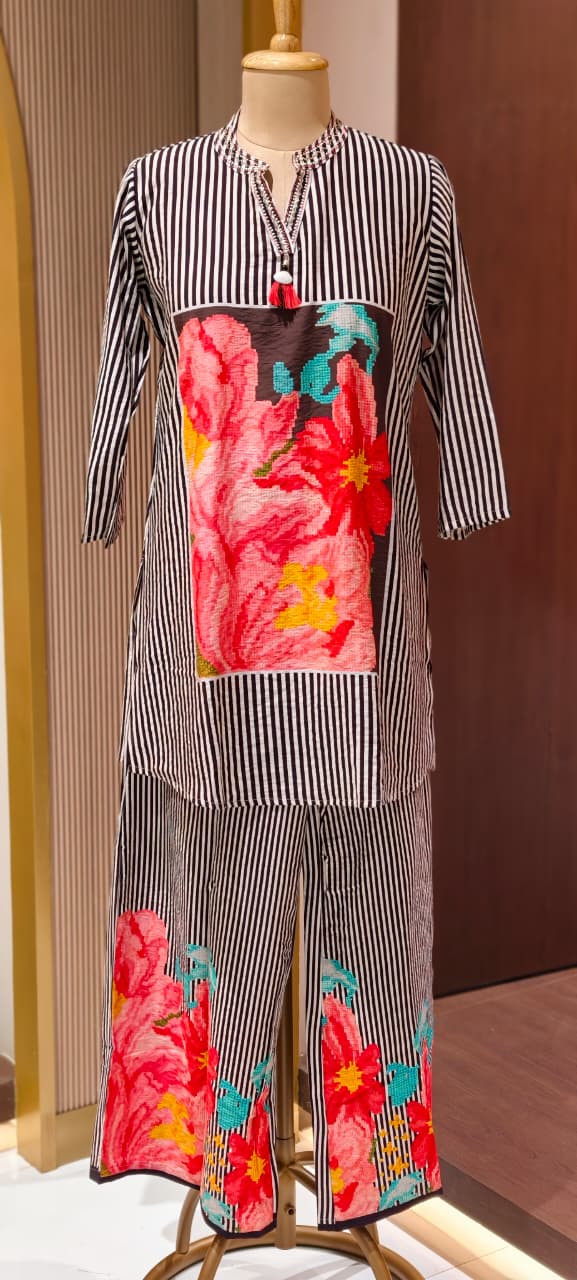 Floral Digital Print Striped Stylish Co-Ord Set (Slightly Lean Fit)-13275