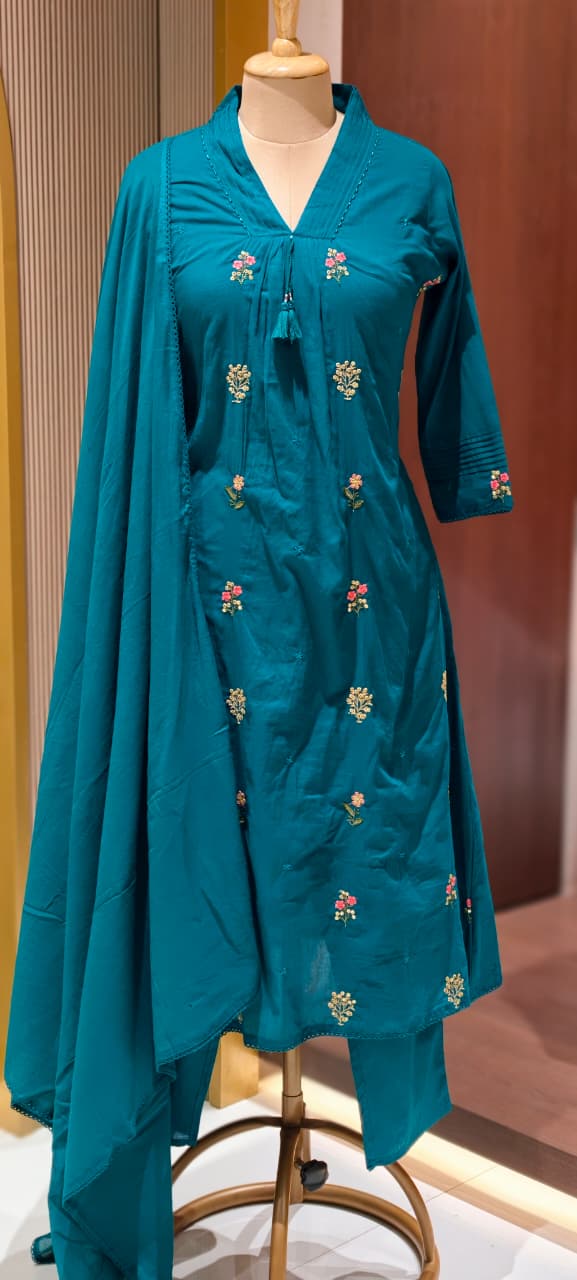 Premium Hand-Embroidered Aline Mul Cotton Kurta Pant Full Set With Tassel Detailing and Dupatta-12614,12615