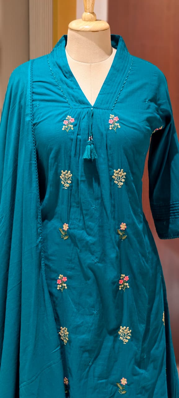 Premium Hand-Embroidered Aline Mul Cotton Kurta Pant Full Set With Tassel Detailing and Dupatta-12614,12615